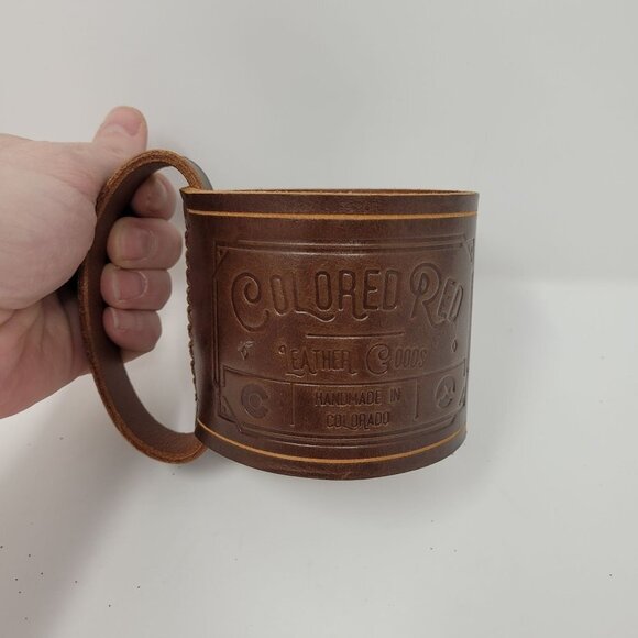 Colored Red Leather Goods Handmade in Colorado leather cup sleeve with handle - Picture 1 of 9